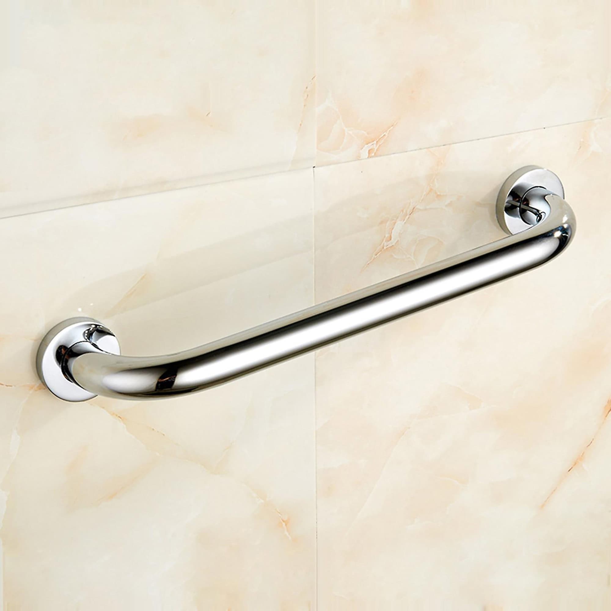 Chrome grab bar mounted on bathroom wall, offering a modern and secure installation.