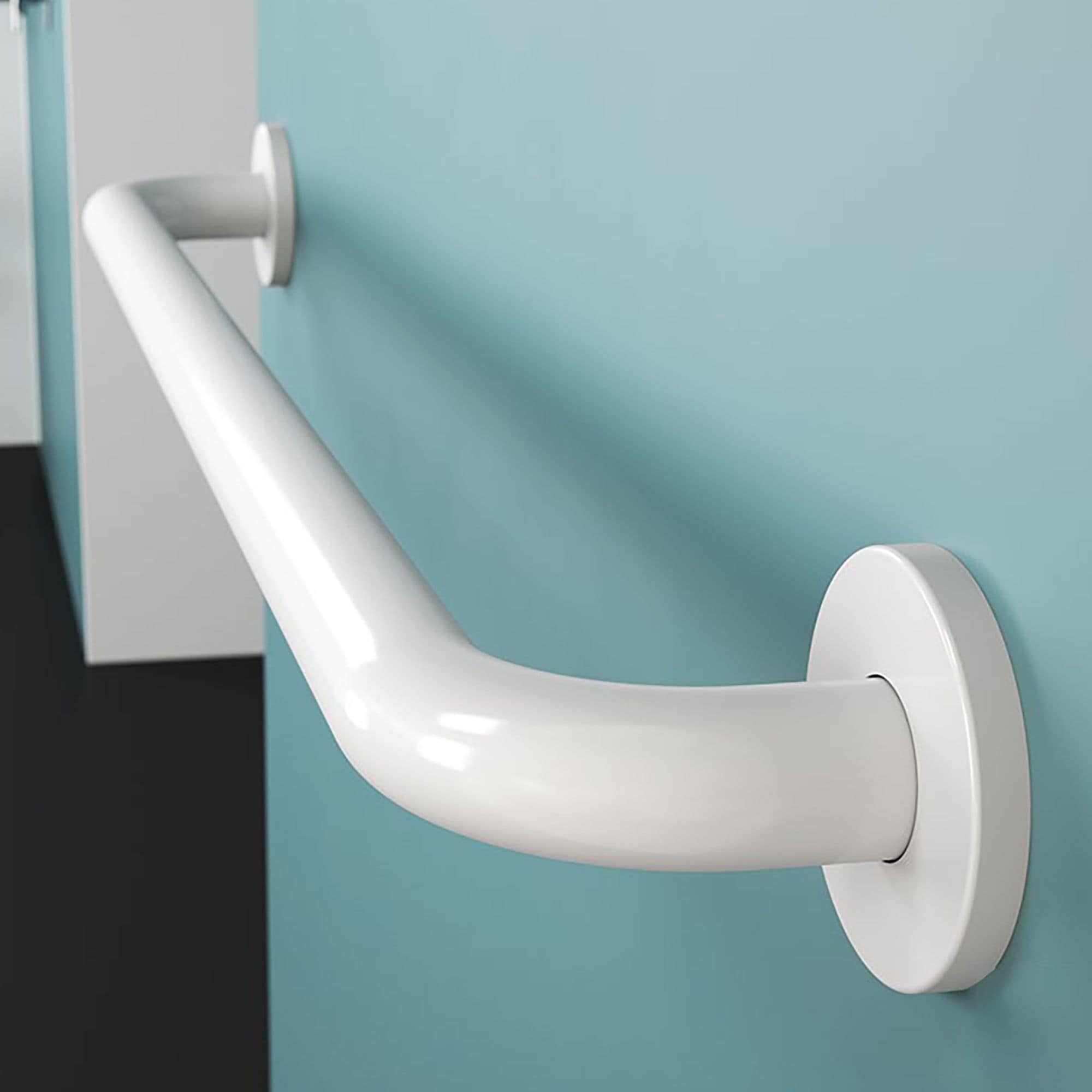 Long white grab bar mounted on a bathroom wall, providing secure support and stability.