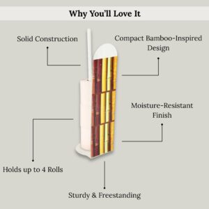 Infographic showing bamboo toilet paper holder features including compact design, moisture-resistant finish, and 4-roll capacity