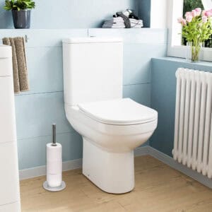 Silver toilet paper holder next to a modern toilet in a bright, stylish bathroom