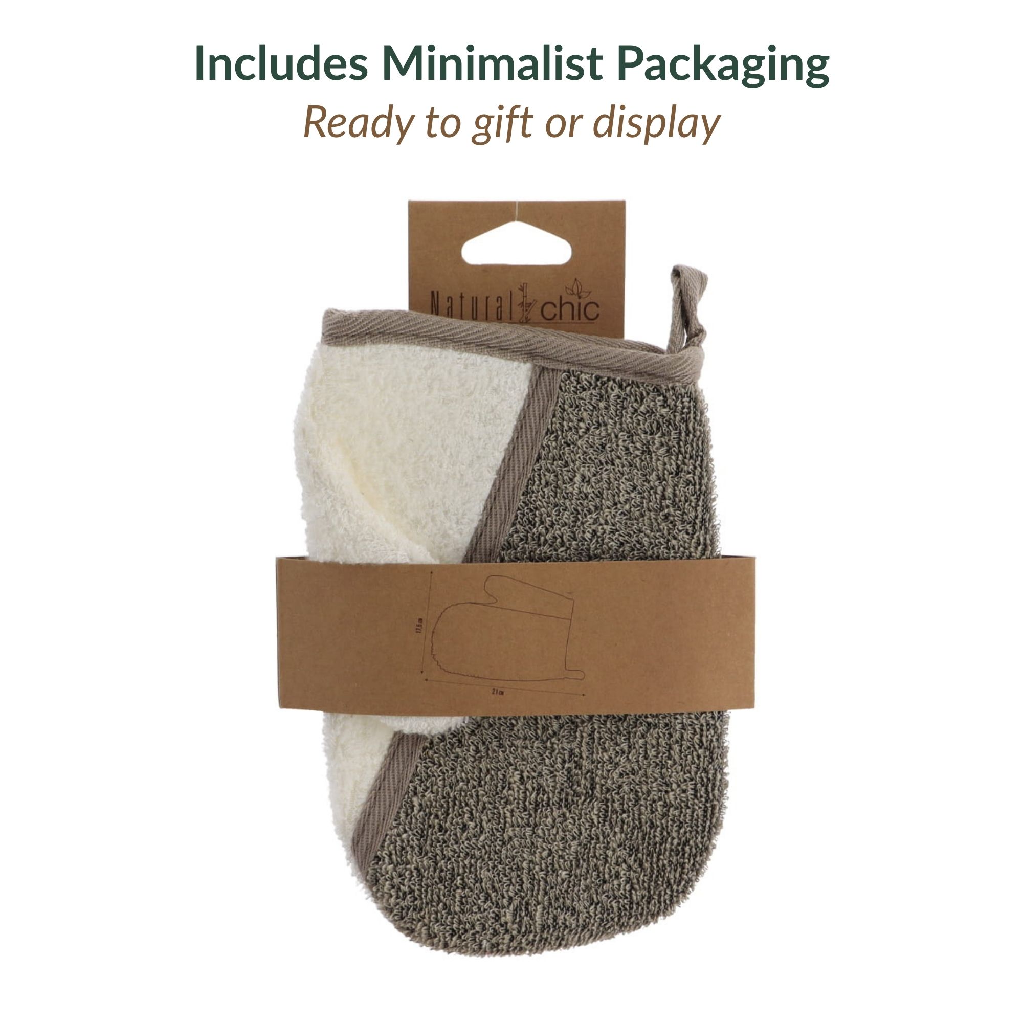Exfoliating mitt in Natural Chic brand cardboard packaging with hanging tab