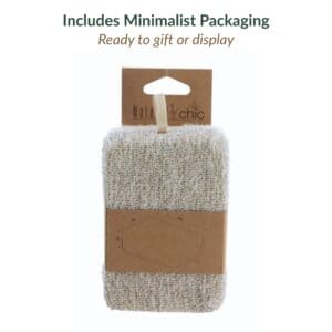 Exfoliating pad in Natural Chic brand cardboard packaging with hanging tab