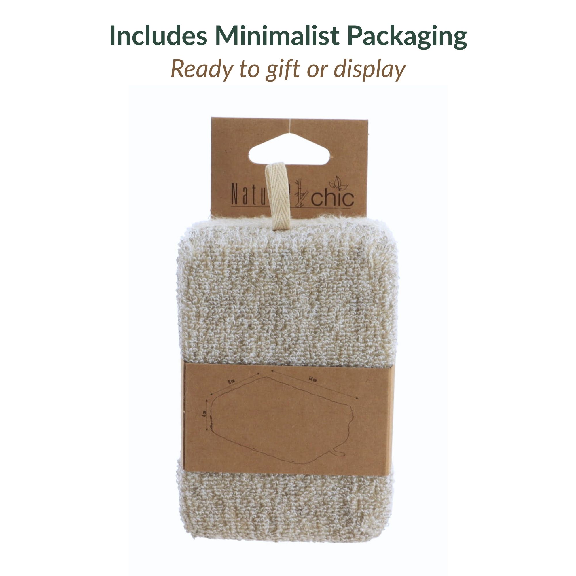 Exfoliating pad in Natural Chic brand cardboard packaging with hanging tab
