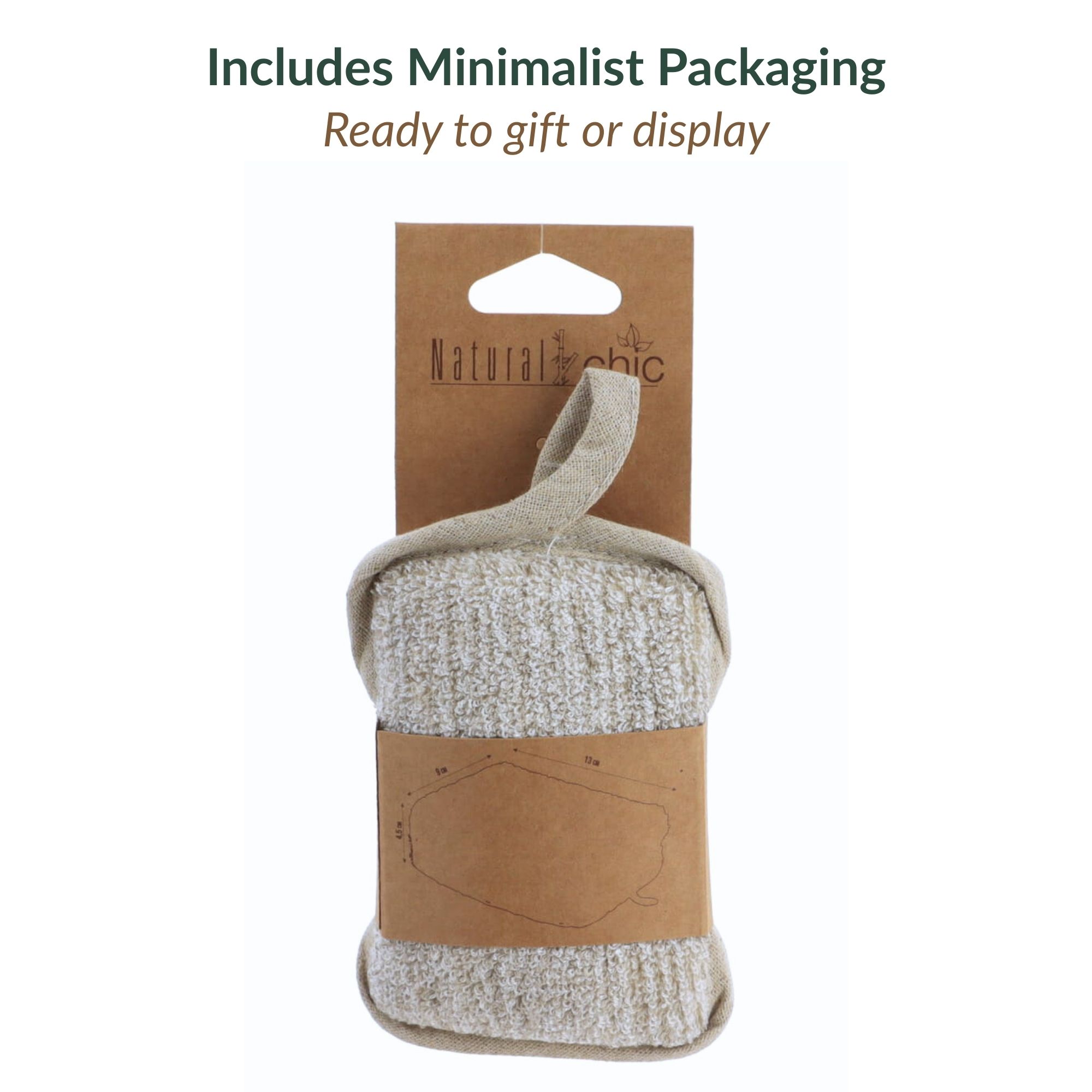 Exfoliating pad in Natural Chic brand cardboard packaging with hanging tab