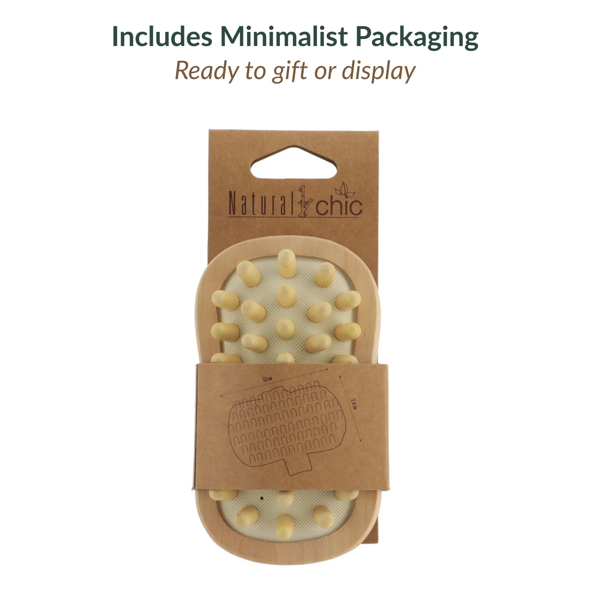 Massage brush in Natural Chic brand cardboard packaging with hanging tab