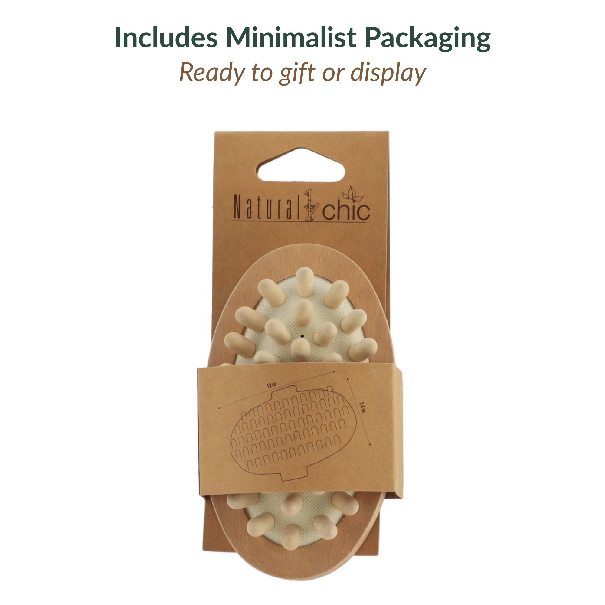 Massage brush in Natural Chic brand cardboard packaging with hanging tab