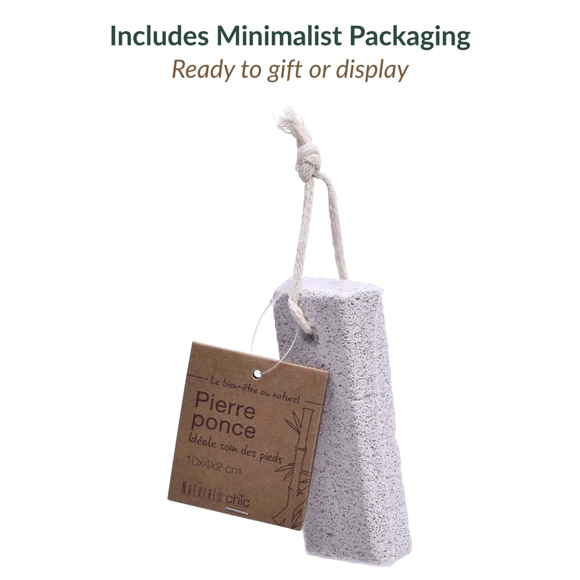 Pumice stone with Natural Chic brand cardboard tag attached by rope