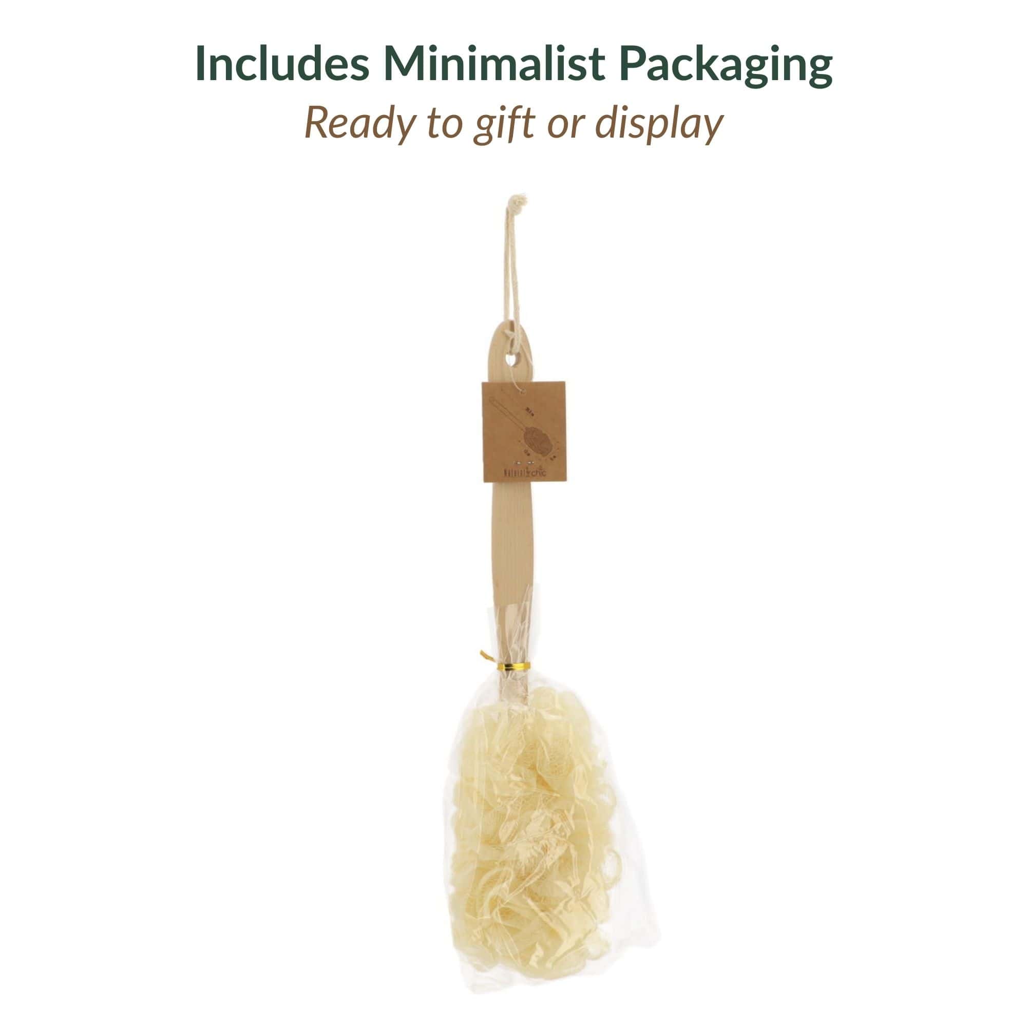 Body brush with minimalist packaging tag, ready for gifting