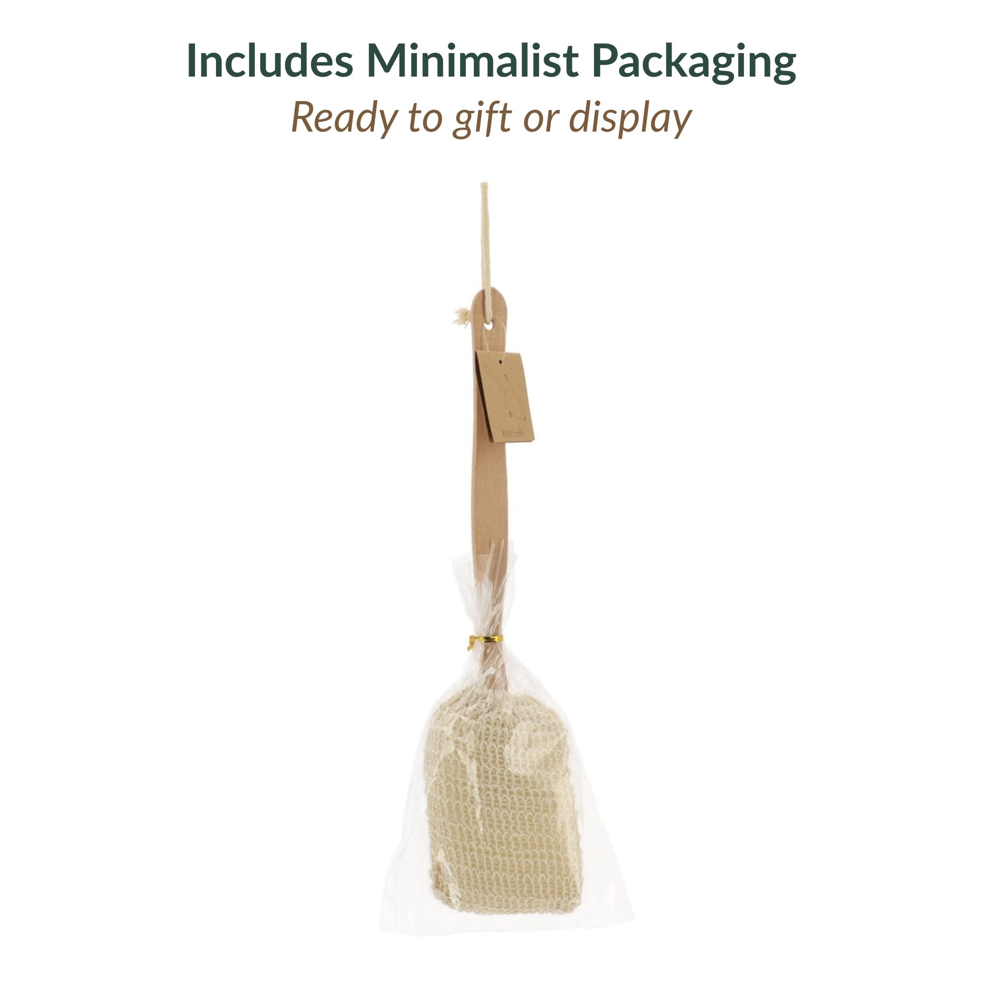 Loofah back scrubber with minimalist kraft paper packaging tag