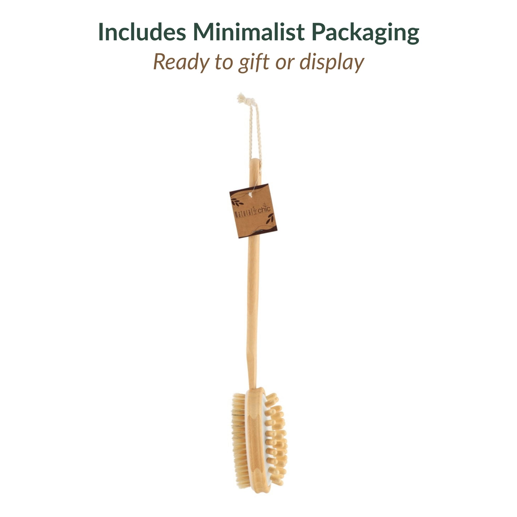 Body brush with dual sides displayed vertically with minimalist kraft paper packaging tag