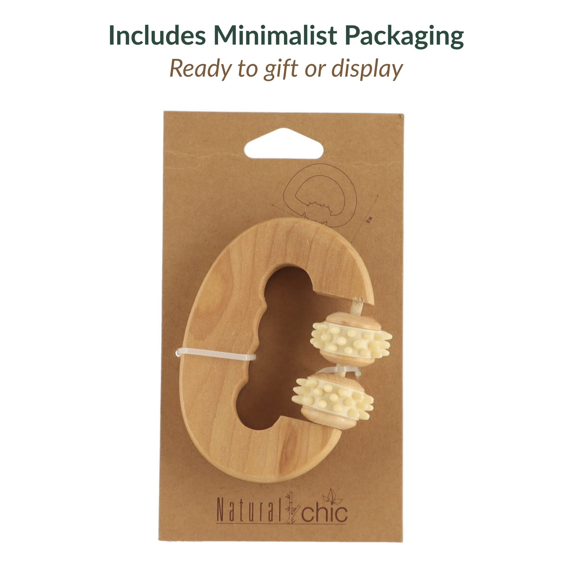 Muscle massage roller displayed in minimalist kraft paper packaging with hanging hole