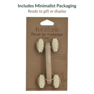 Muscle massage roller displayed in minimalist kraft paper packaging with French text "Roue de massage Corps"