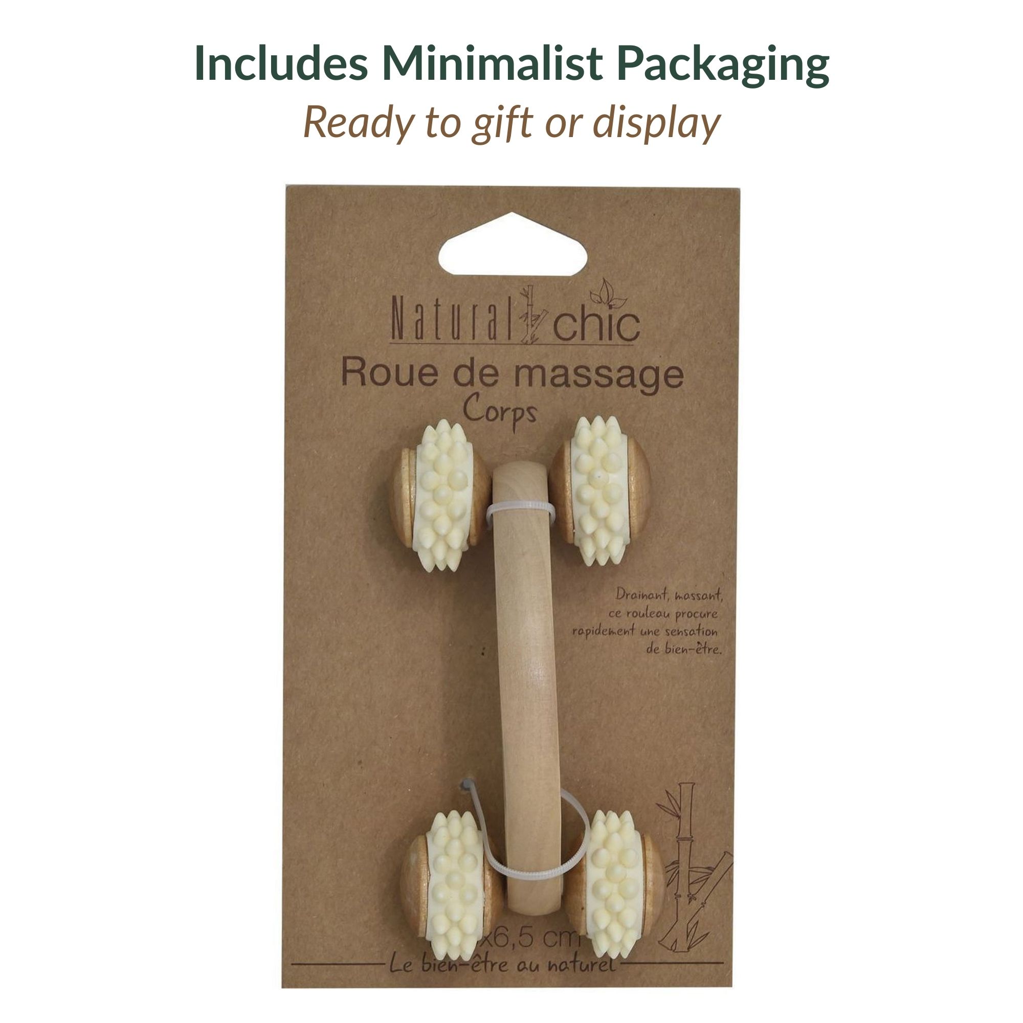 Muscle massage roller displayed in minimalist kraft paper packaging with French text "Roue de massage Corps"
