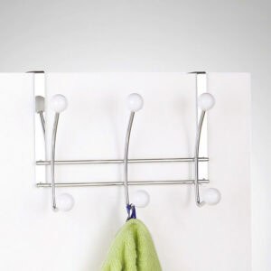 "Chrome 6-hook over-the-door rack holding green towel on white door"