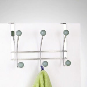 "Chrome 6-hook over-the-door rack with gray ball ends holding green towel on white door"