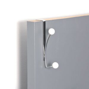 "Chrome double hook with white ball ends on blue-gray door"