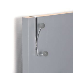 "Chrome double hook with gray ball ends mounted on blue-gray door"