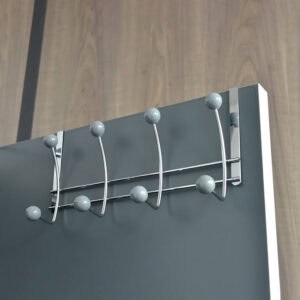 "Chrome 4-hook rack with gray ball ends mounted on gray door, close-up view"