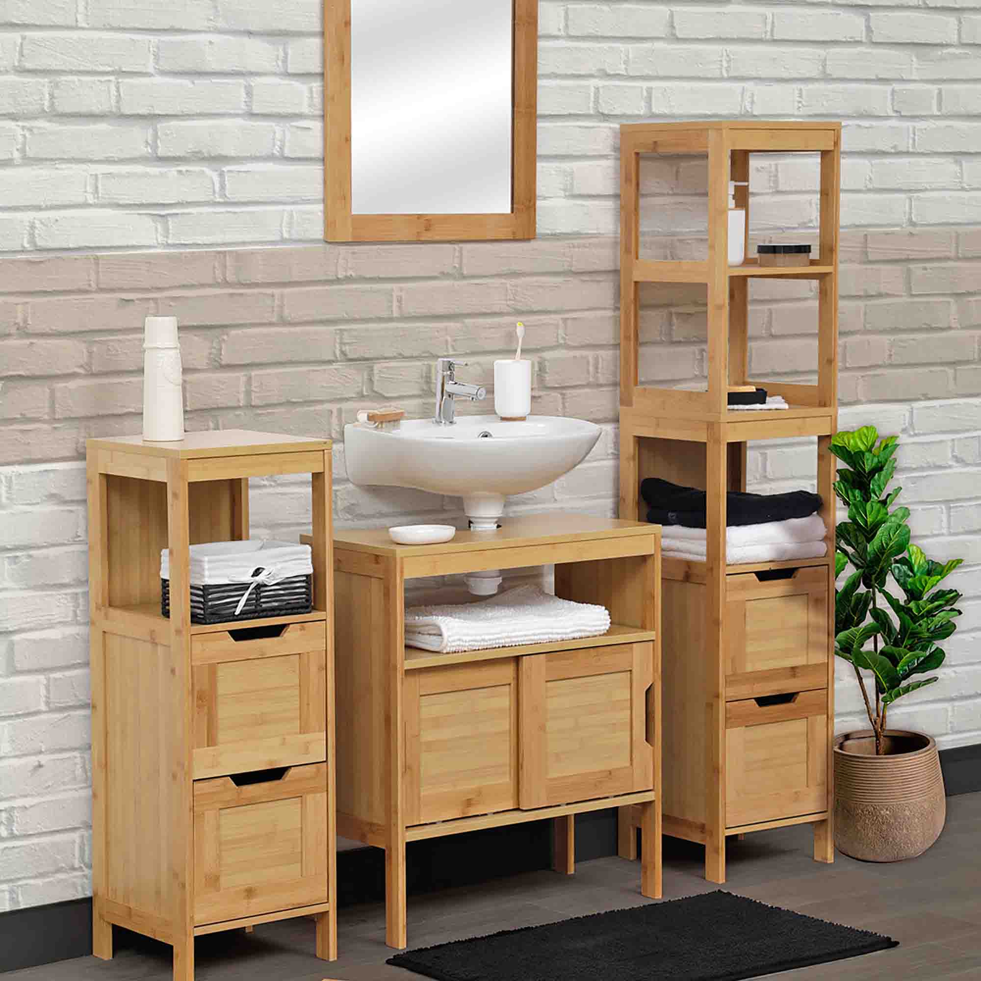 Complete Bathroom Set with Bamboo Cabinets and Accessories - A full bamboo bathroom set featuring various storage units, including a sink cabinet, drawers, and open shelving, showcasing a cohesive, rustic look.