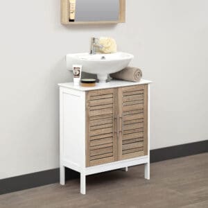 Bathroom under-sink cabinet styled with a sink: A compact under-sink bathroom cabinet topped with a modern vessel sink, surrounded by decorative bathroom essentials.