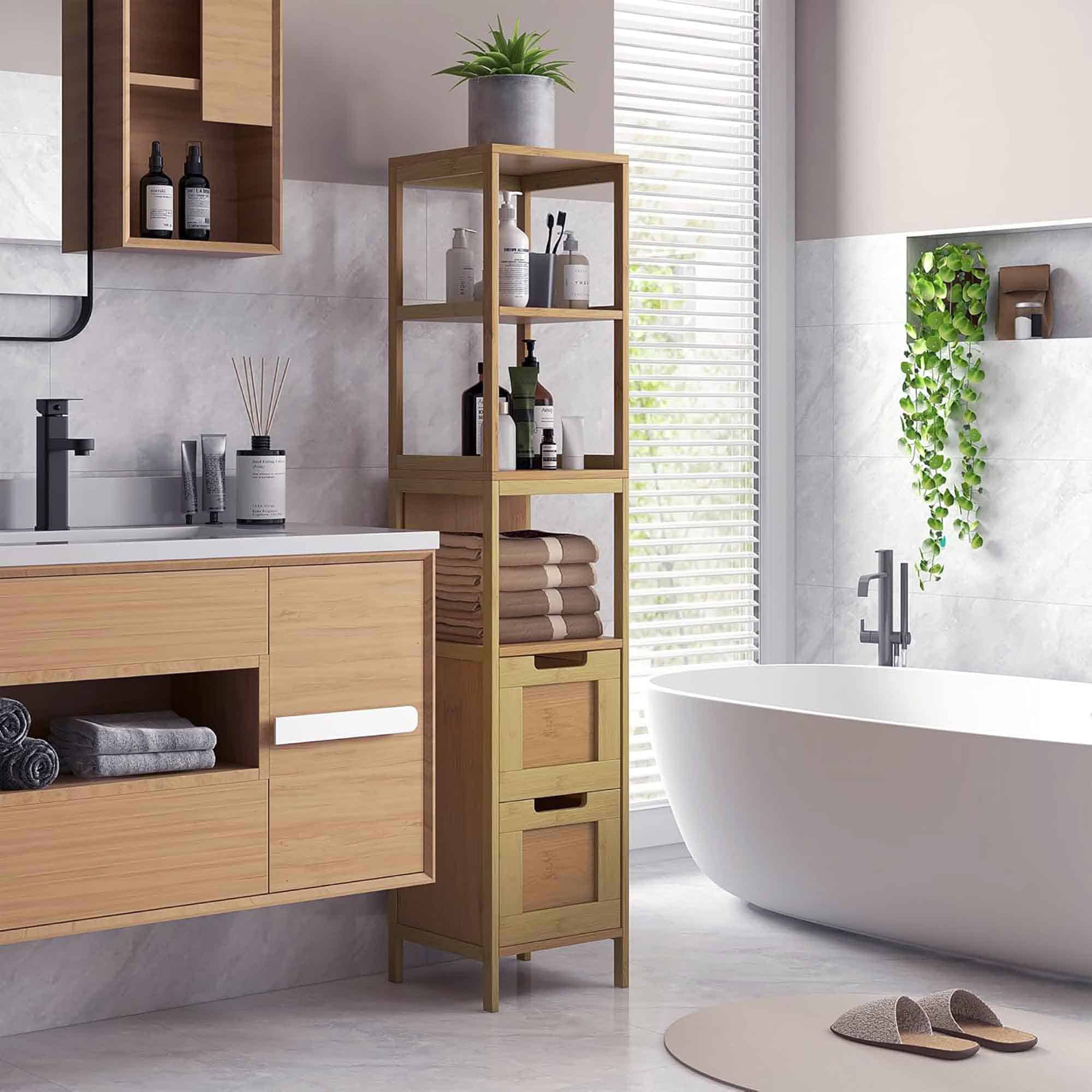 Bamboo storage cabinet in modern bathroom setup - Bamboo storage cabinet displayed in a minimalist bathroom, enhancing the decor with natural wood tones and functional storage for toiletries and towels.