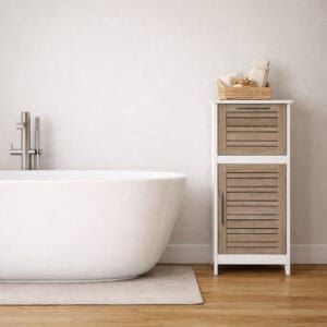 "White bathroom storage cabinet with louvered doors beside a freestanding bathtub on hardwood floor"