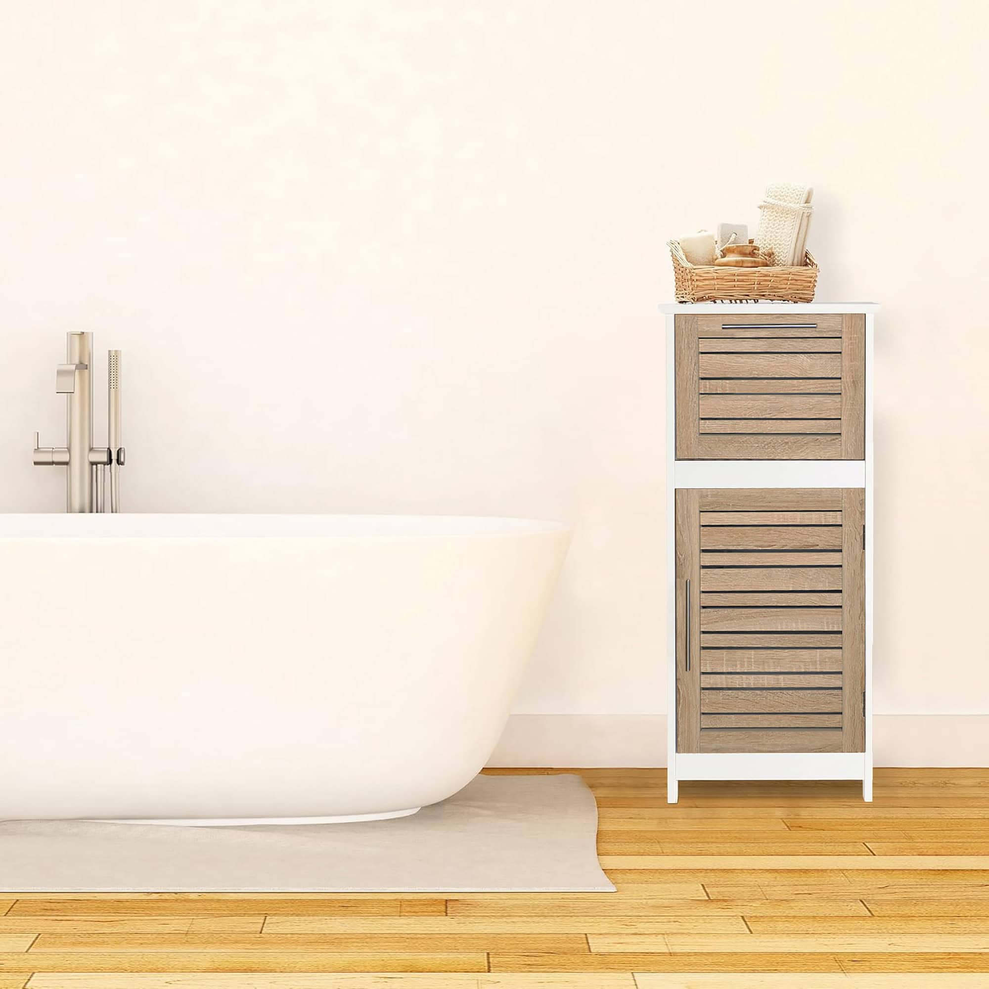 Cabinet styled in a minimalist bathroom setting: A stylish storage cabinet placed in a minimalist bathroom setting next to a freestanding bathtub.