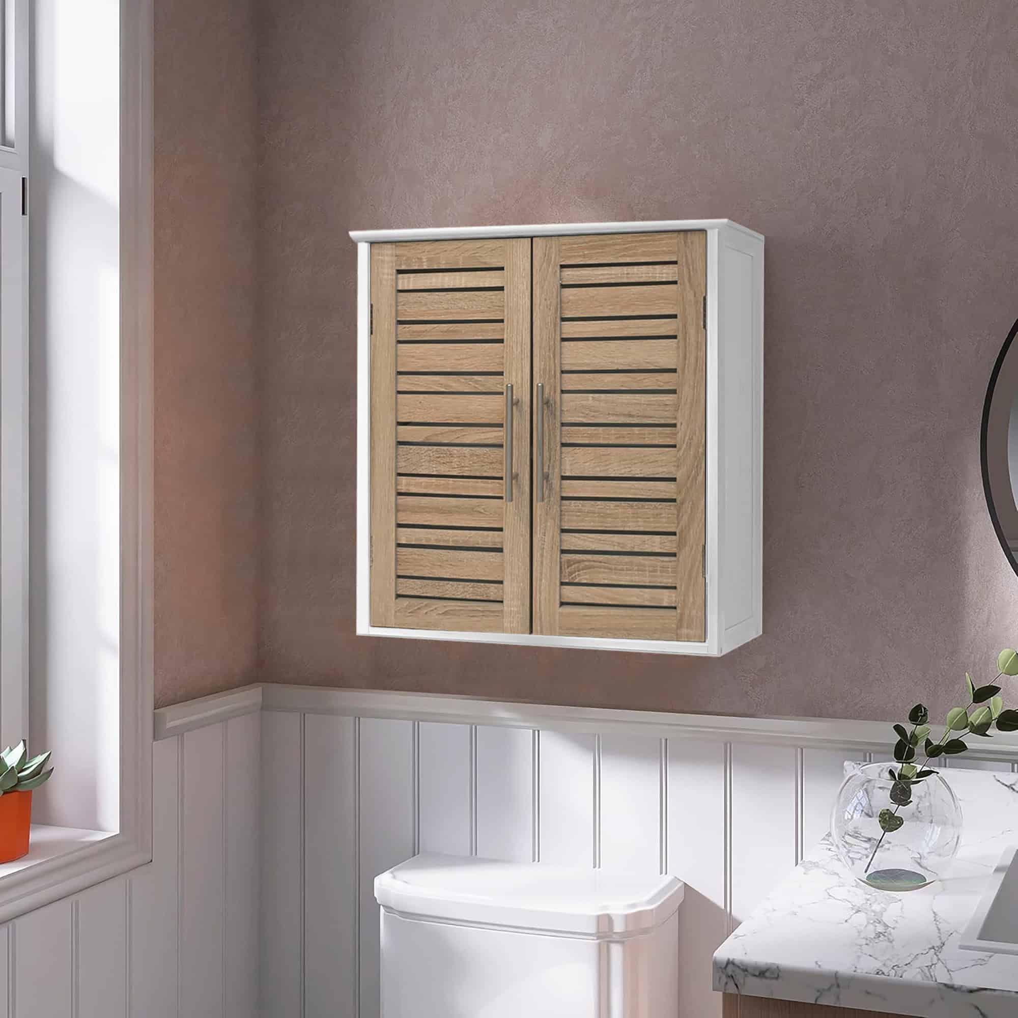 Cabinet styled in a bathroom setting: The wall-mounted bathroom cabinet is placed above a toilet, showcasing its sleek design in a modern bathroom setup.