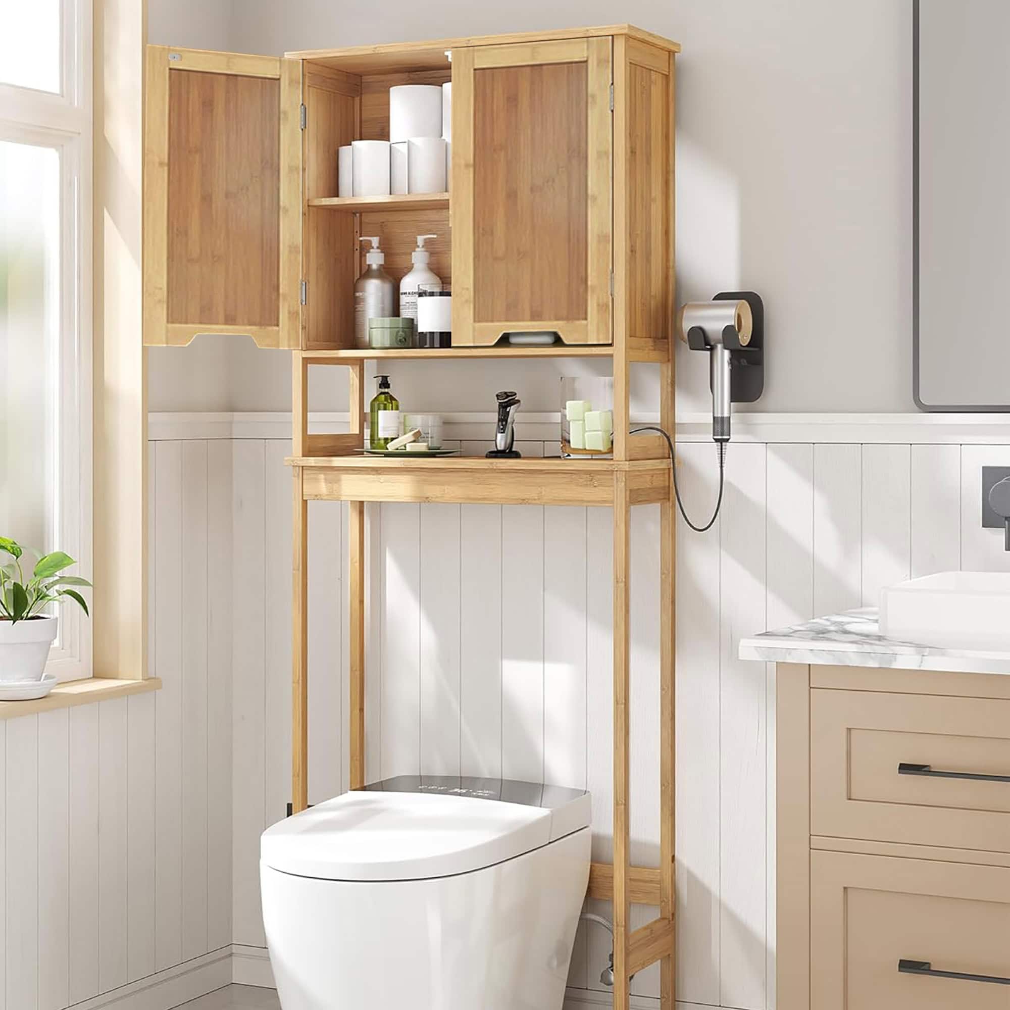 Bamboo Over-the-Toilet Cabinet in Bathroom Setting with Open Doors - Bamboo cabinet placed over a toilet in a bright bathroom setting, with cabinet doors open to display interior storage space for bathroom essentials.