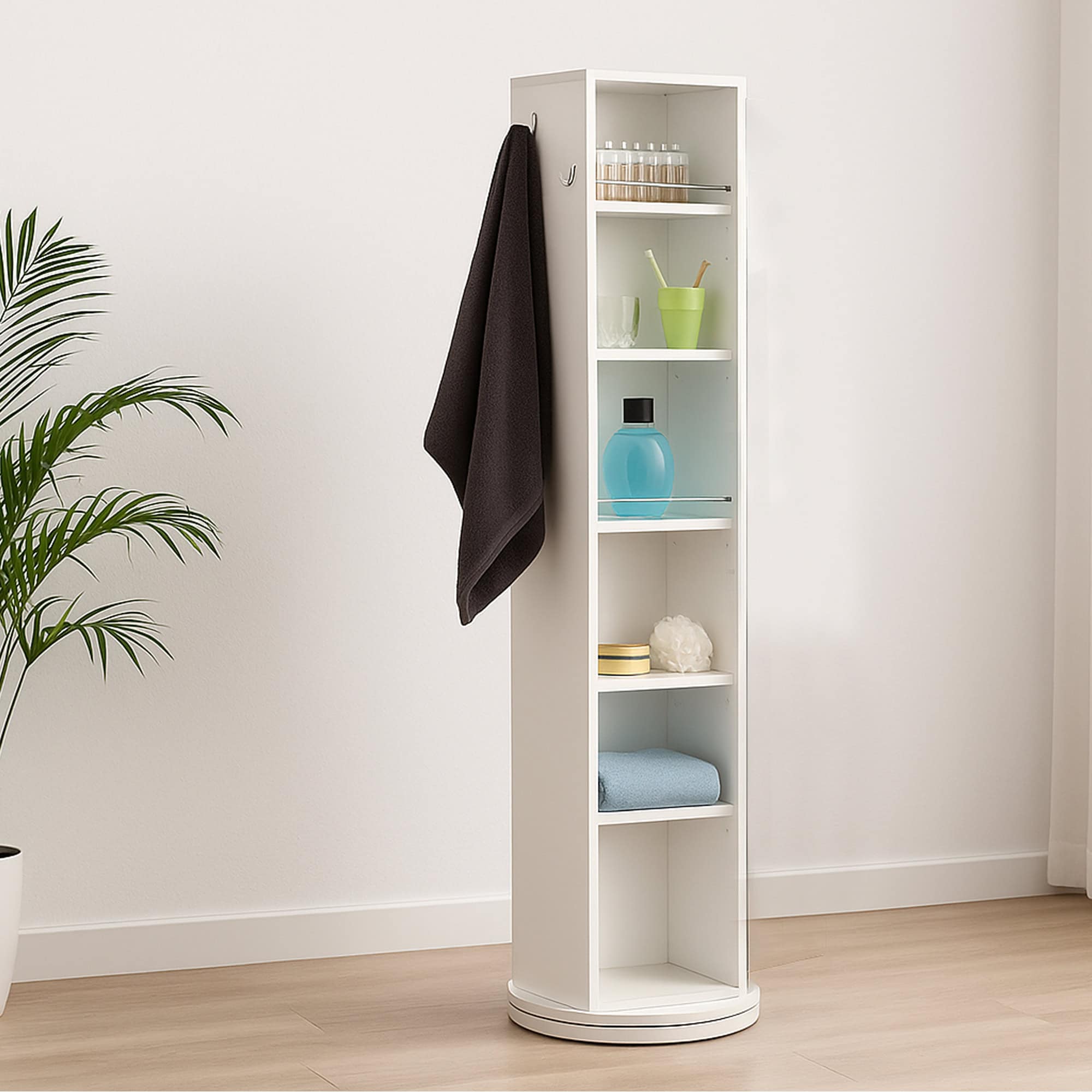 "White rotating storage cabinet mid-spin showing both full-length mirror and open shelving sides, beside a freestanding bathtub"