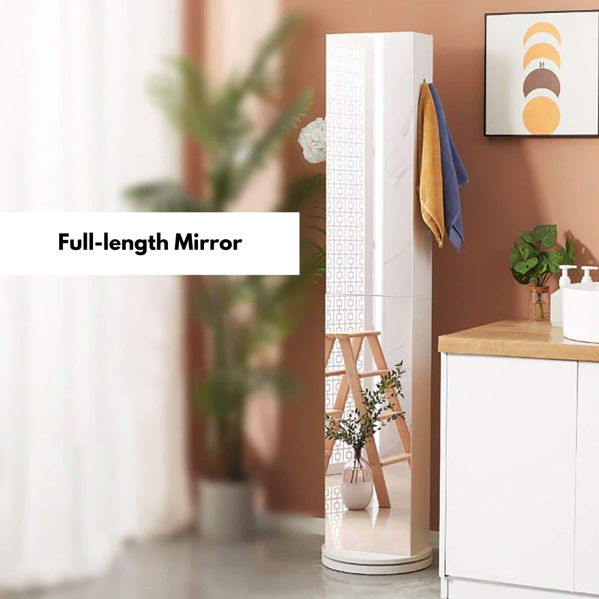 Elegant Full-Length Mirror Design for Small Spaces - A room view featuring a rotating cabinet with a full-length mirror, styled elegantly against a warm-toned wall with green plants and modern decor.