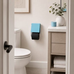 Aqua Blue cover toilet paper holder mounted on a wall in a styled bathroom, holding a black roll under a flip-up blue cover, with a vanity, eucalyptus, and blue candle nearby.