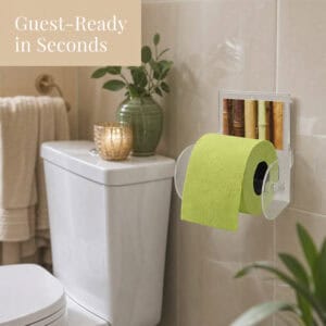 Bamboo clear acrylic toilet paper holder on tile beside a toilet, holding a lime-green roll, styled with a candle, green vase with foliage, and towels. "Guest-Ready in Seconds".