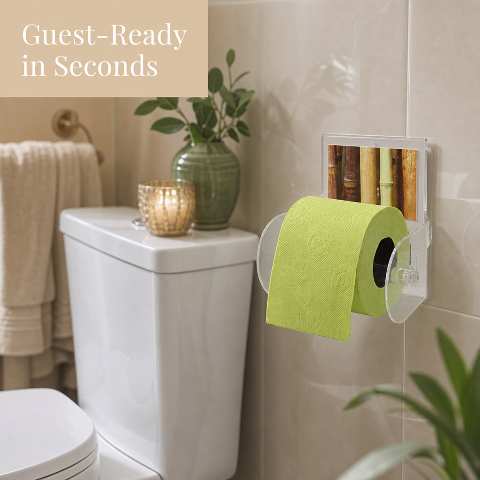 Bamboo clear acrylic toilet paper holder on tile beside a toilet, holding a lime-green roll, styled with a candle, green vase with foliage, and towels. "Guest-Ready in Seconds".