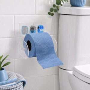 Street Art clear acrylic toilet paper holder suction-mounted on white subway tile beside a toilet, holding a blue roll with paper hanging down, styled with eucalyptus and blue accents.