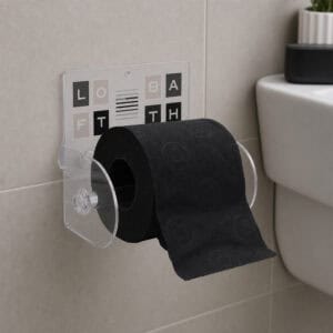 Loft Bath clear acrylic toilet paper holder on beige tile beside a toilet, holding a black roll with paper hanging down, styled with a potted plant and black accent box.
