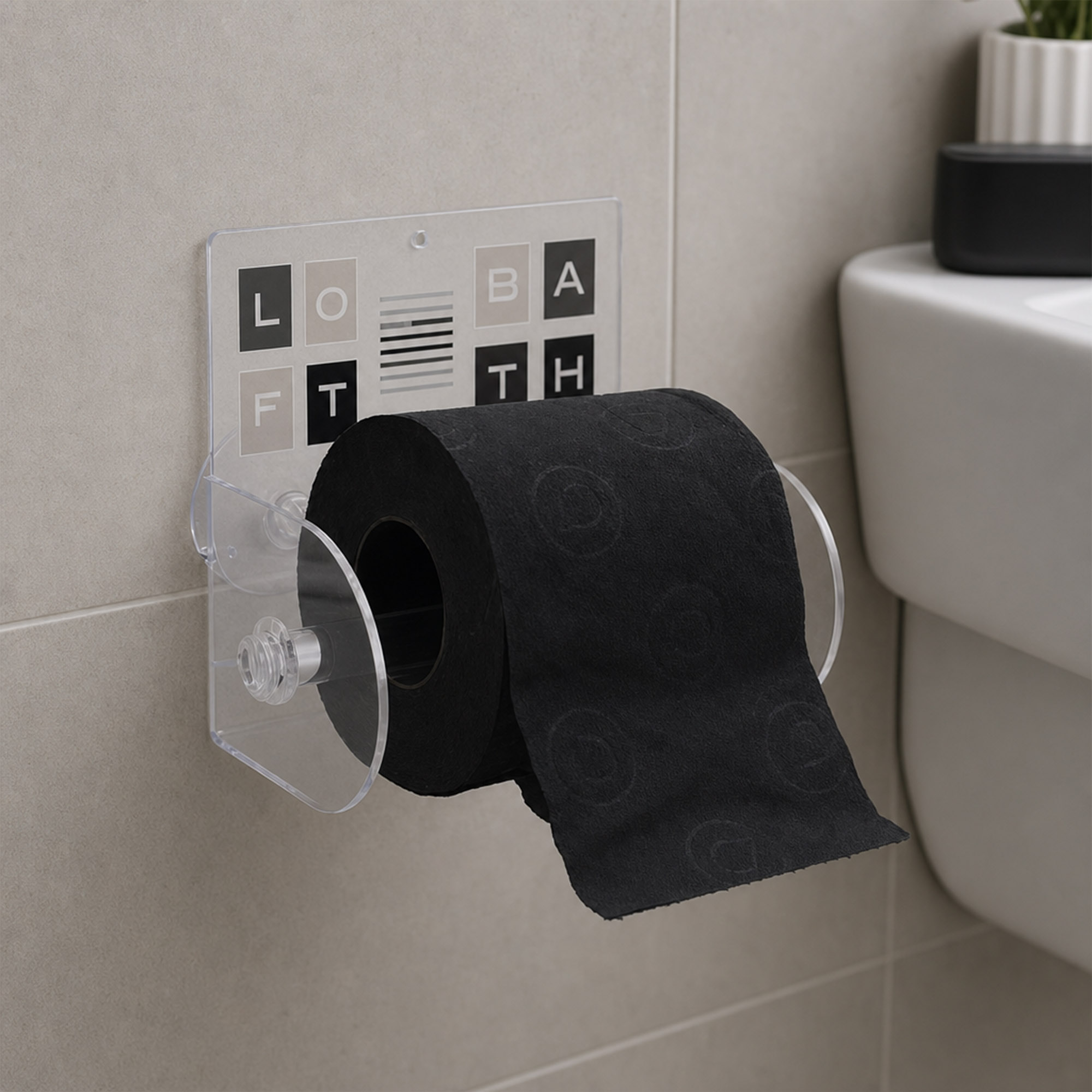 Loft Bath clear acrylic toilet paper holder on beige tile beside a toilet, holding a black roll with paper hanging down, styled with a potted plant and black accent box.