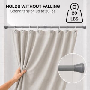 Chrome tension shower curtain rod holding shower curtain without falling strong tension up to 20 lbs no drill required