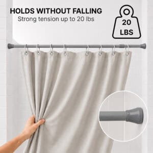 Chrome tension shower curtain rod holds up to 20 pounds, strong spring tension keeps curtain securely in place
