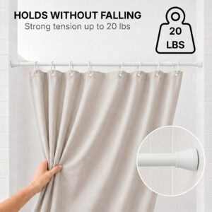 White tension shower curtain rod holds up to 20 pounds, strong spring tension keeps curtain securely in place