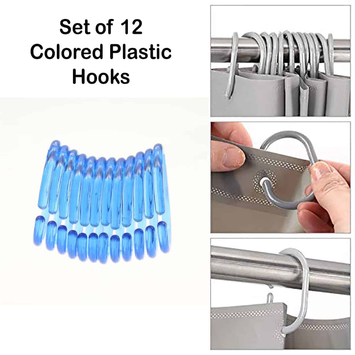 Evideco Shower Curtain Rings Plastic Hooks (Set of 12) - Clear Light Blue
