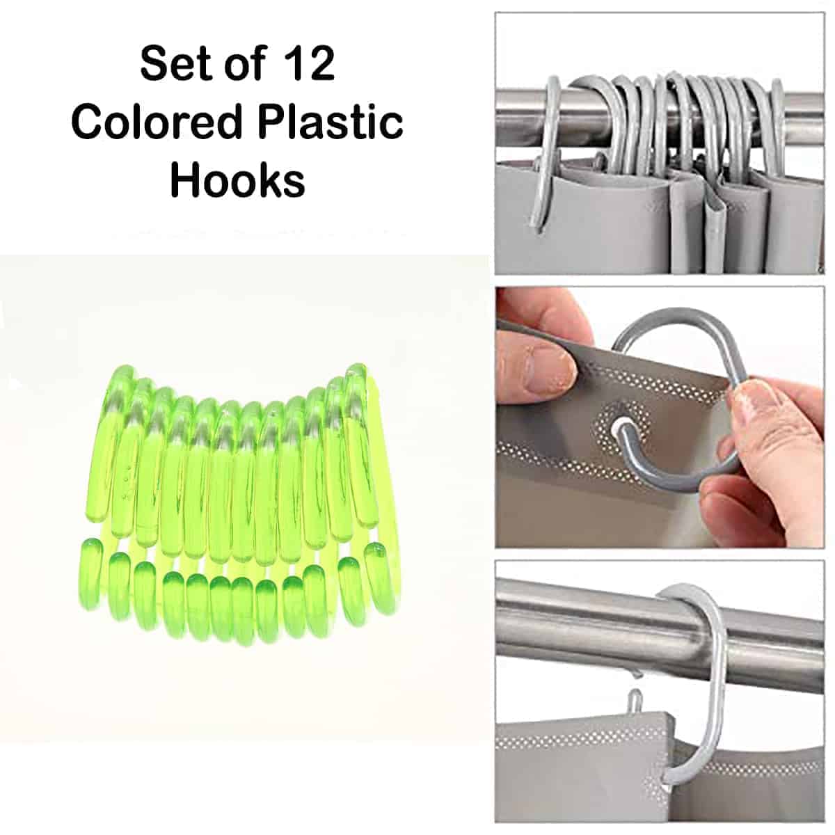 Evideco Shower Curtain Rings Plastic Hooks (Set of 12) - Clear Lime Green