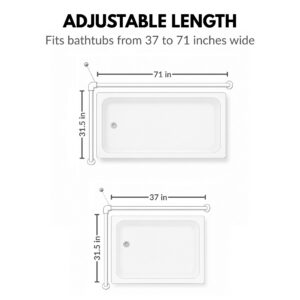 Adjustable L-shaped shower rod fits bathtubs from 37 to 71 inches wide, top-down installation diagrams with dimensions