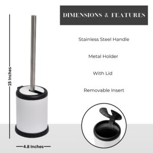 White toilet brush holder with stainless steel handle, showing dimensions and features including removable insert and folding lid.
