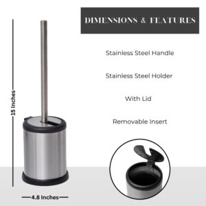 Stainless steel toilet brush holder with detailed dimensions and features, including a removable insert and folding lid.