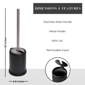 Black toilet brush holder with dimensions and features, including removable insert and folding lid.