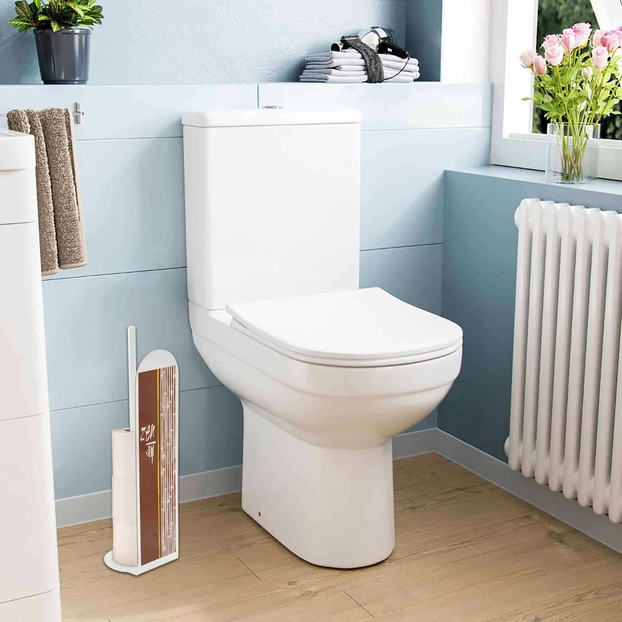Zen brown toilet paper holder placed beside white toilet in light blue bathroom interior
