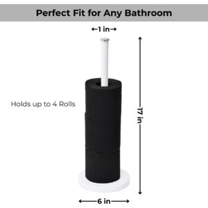 White toilet paper holder with 4 stacked rolls, labeled with dimensions and capacity