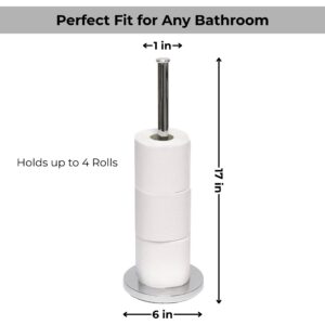 Silver toilet paper holder stacked with 4 rolls, showing height and width dimensions