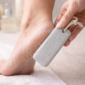 Person using small pumice stone with rope loop to exfoliate heel